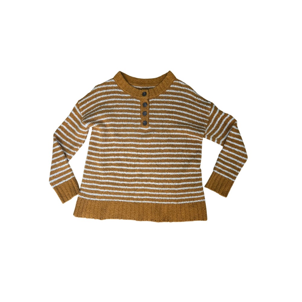 American Eagle Mustard Brown White Striped Henley Knit Sweater Jegging Fit Small